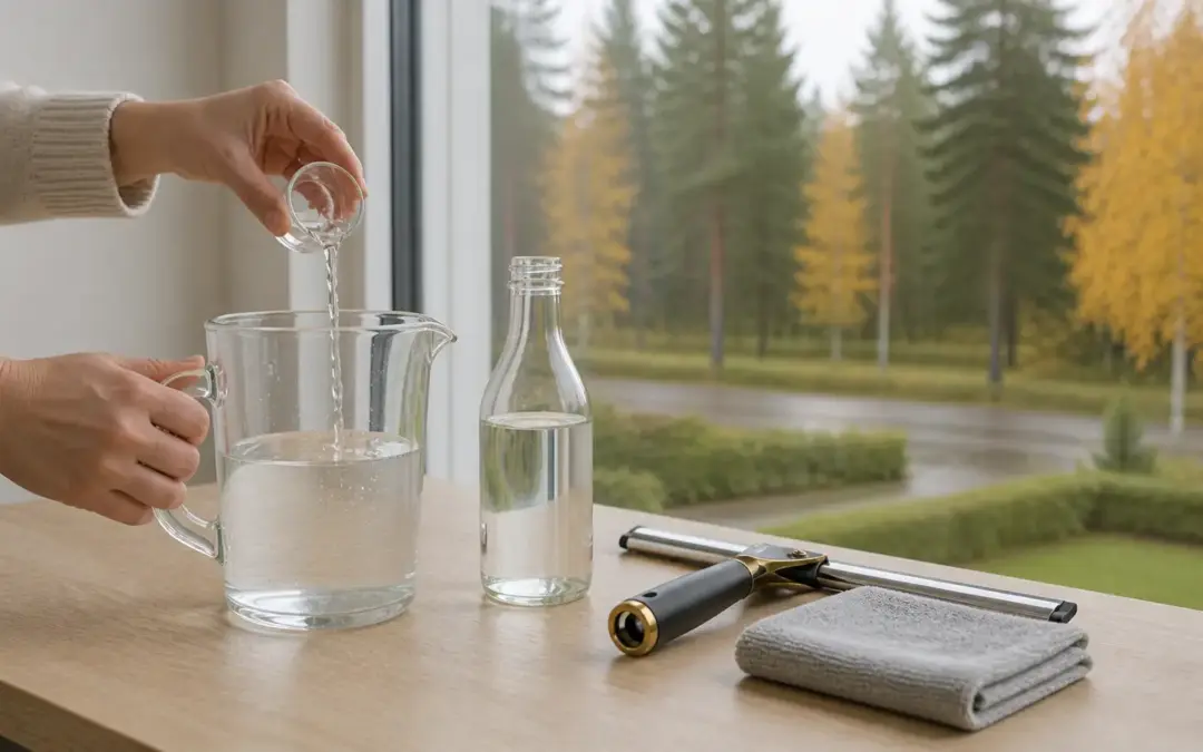Etikkapullo, mittakannu, ikkunalasta ja mikrokuituliinat ikkunan vieressä.
