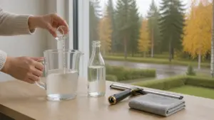 Etikkapullo, mittakannu, ikkunalasta ja mikrokuituliinat ikkunan vieressä.