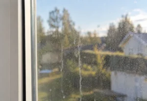 Kalkkiraitainen ja pinttynyt ikkuna lähikuvassa