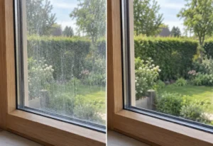 Pinttynyt ikkuna ennen ja jälkeen pesun